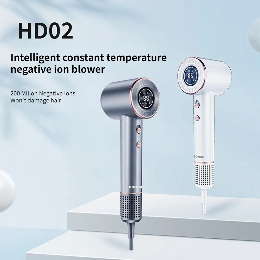 Bomidi HD02 High Speed Hair Dryer With 200 Million Negative Ion, Intelligent Thermostat, Low Noise Operation, 360° 2 Nozzles & 8 Drying Modes - Silver