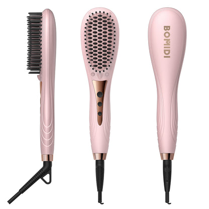 Bomidi HB1 Electric Hair Straightener Brush Multifunctional Hair Comb Quick Heat Hair Curler Adjustable Temperature 40W - Pink