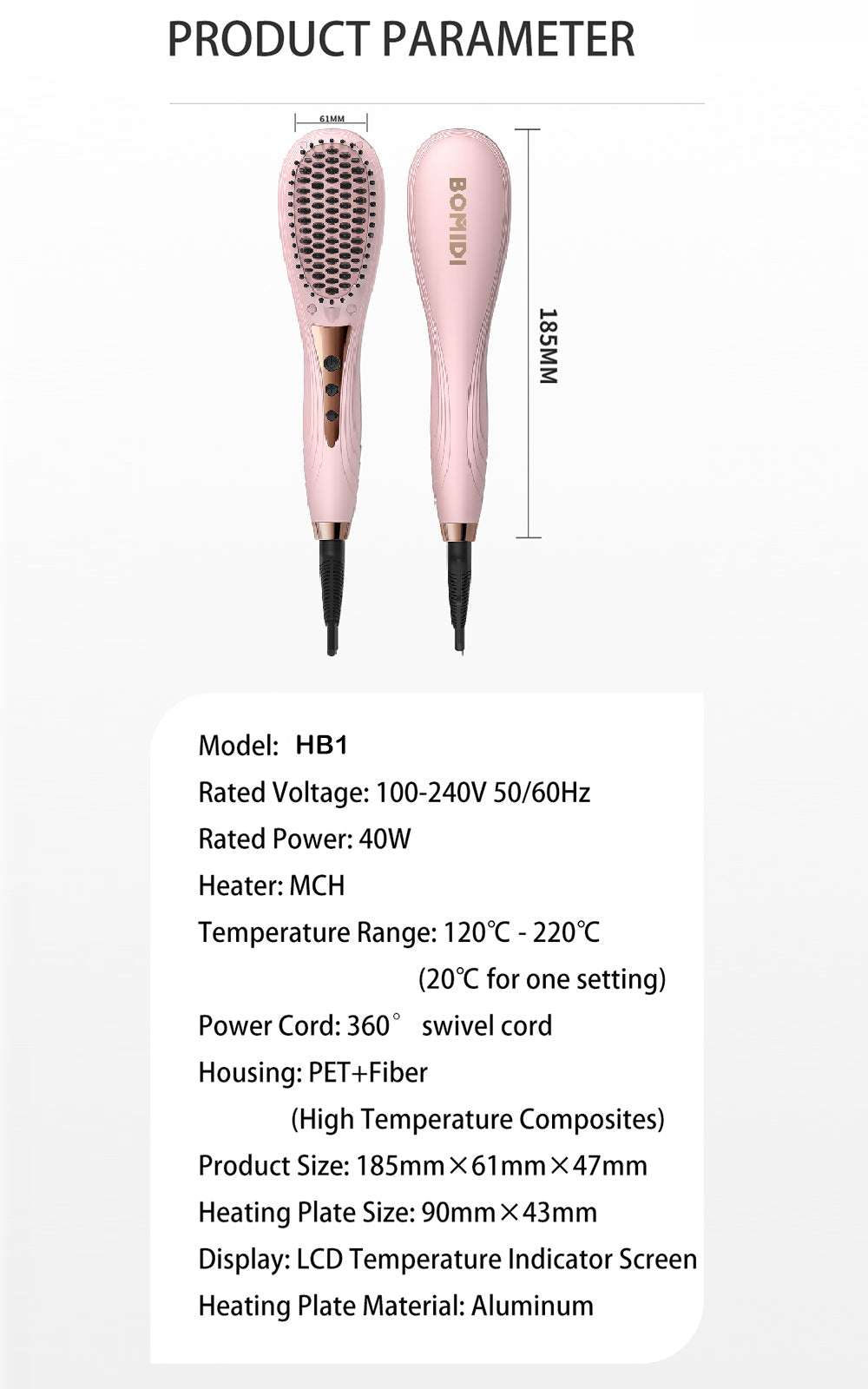 Bomidi HB1 Electric Hair Straightener Brush Multifunctional Hair Comb Quick Heat Hair Curler Adjustable Temperature 40W - Pink